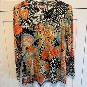 JOHNNY WAS Stretchy Jersey Floral  Shirt Top Blouse Long Sleeve 95% Bamboo EUC